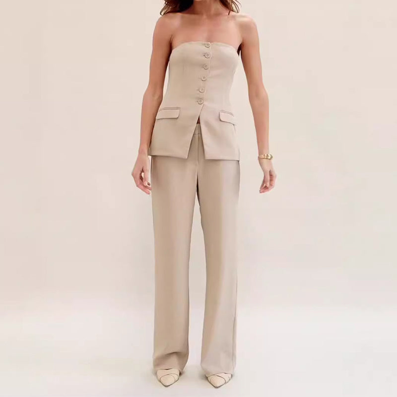 Graceful Tube Top Suit Fashion With Straight Pants For Women