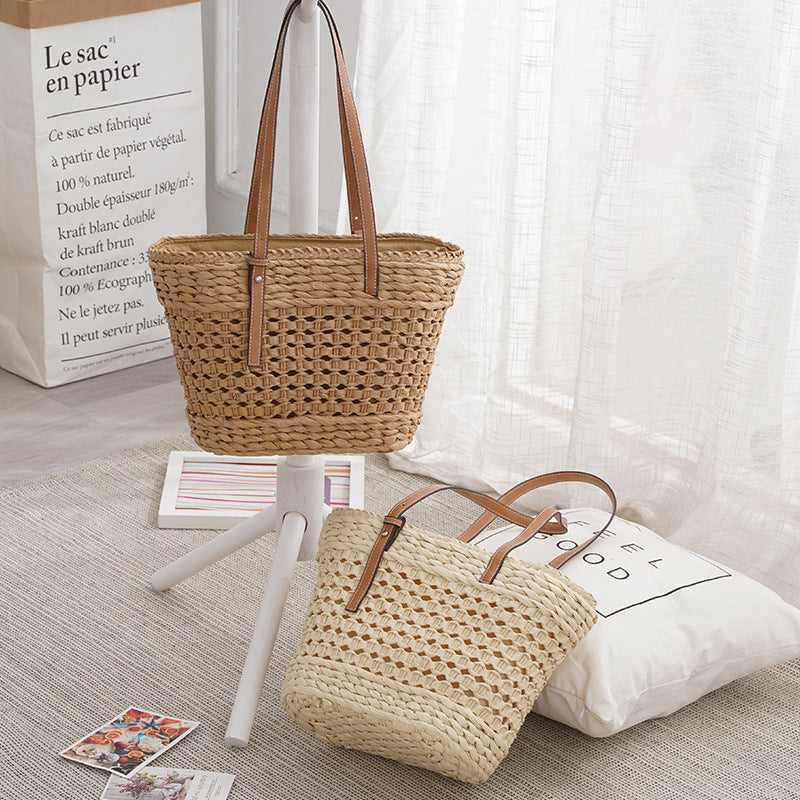Large Capacity Fashion Urban Simple White Khaki Straw Braided Bag - A Trust Market