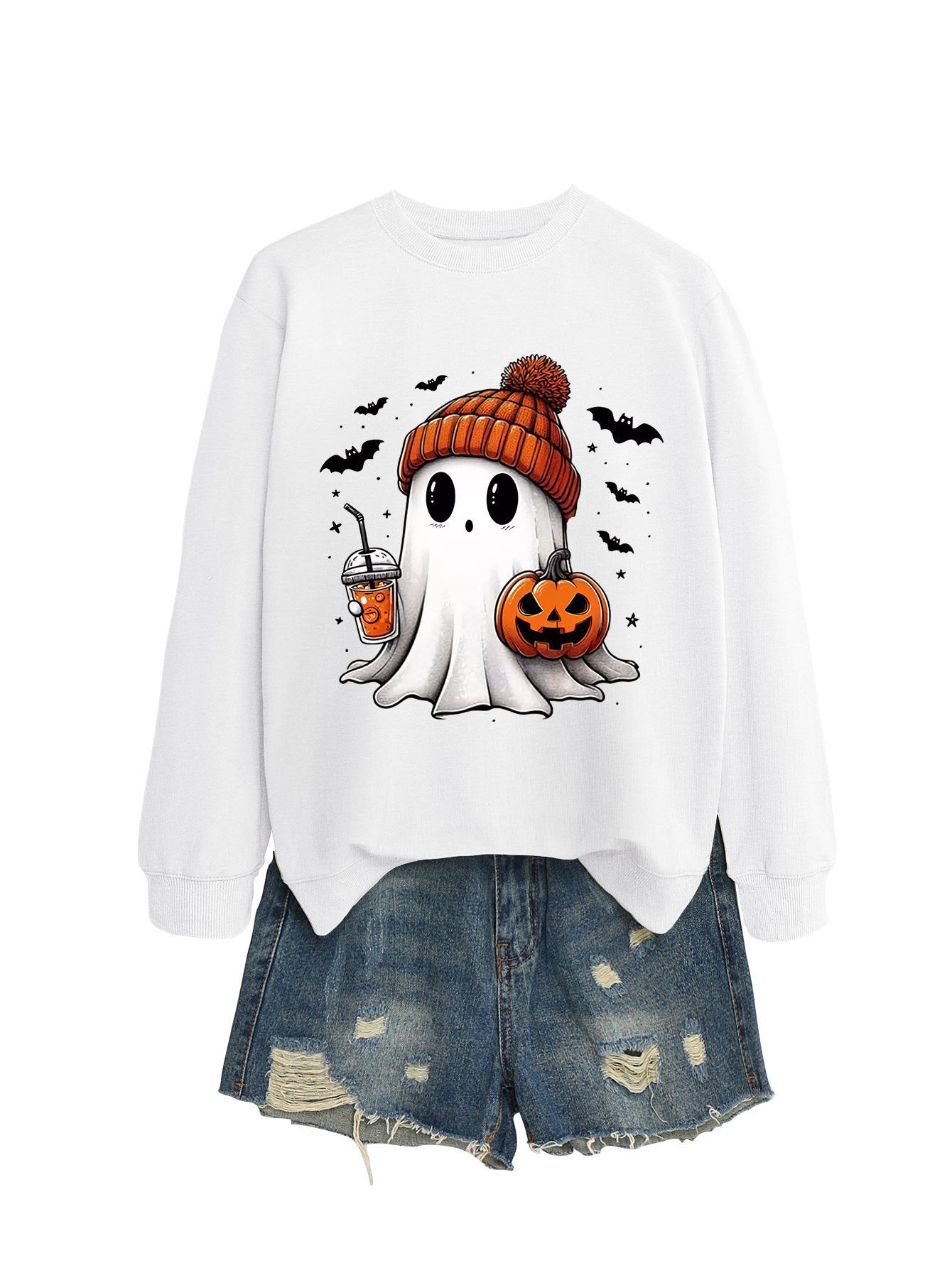 Cute Long Sleeve Pumpkin and Bat Printed Sweatshirt - A Trust Market