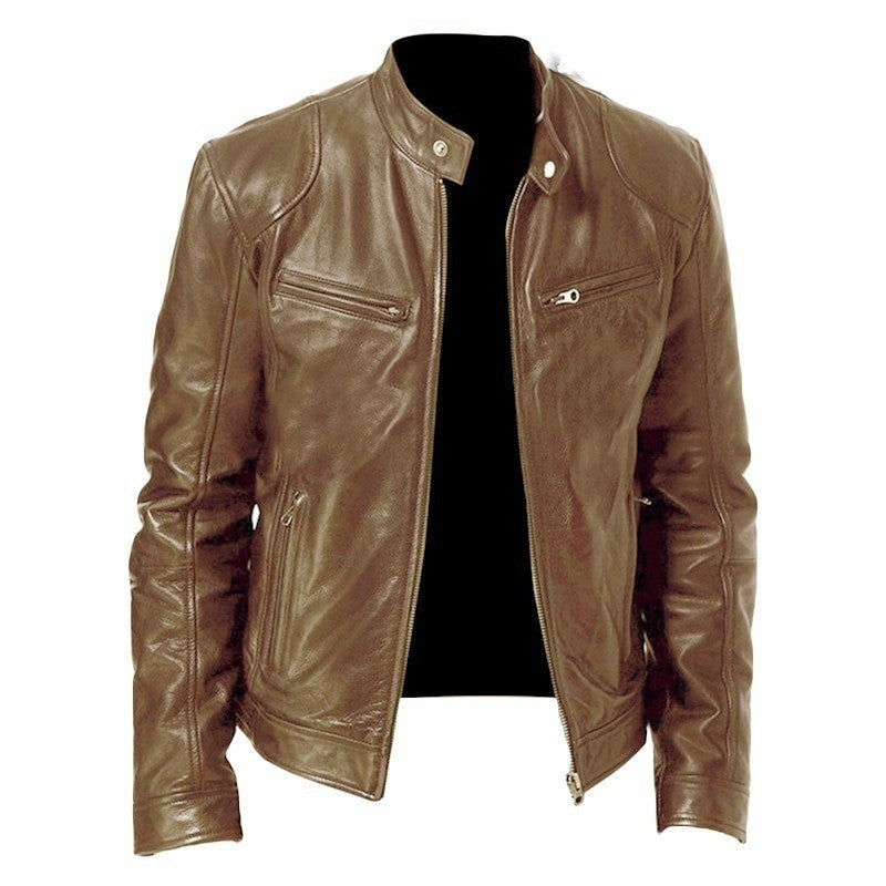 Zip Cardigan PU Leather Jacket With Stand Collar