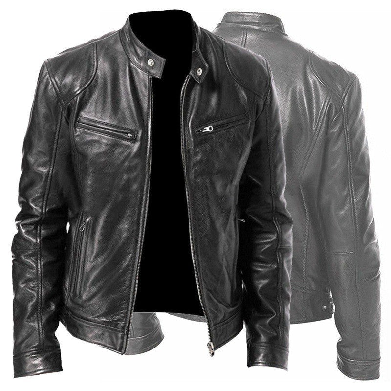 Zip Cardigan PU Leather Jacket With Stand Collar