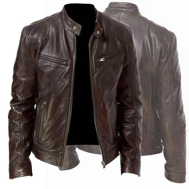 Zip Cardigan PU Leather Jacket With Stand Collar