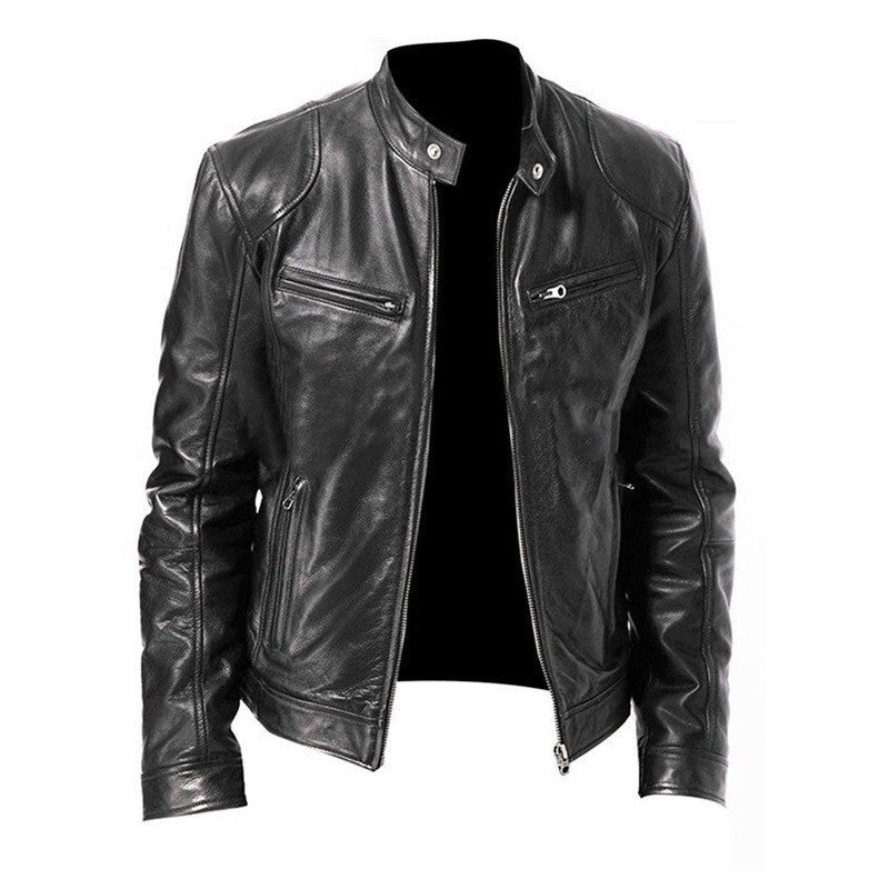 Zip Cardigan PU Leather Jacket With Stand Collar