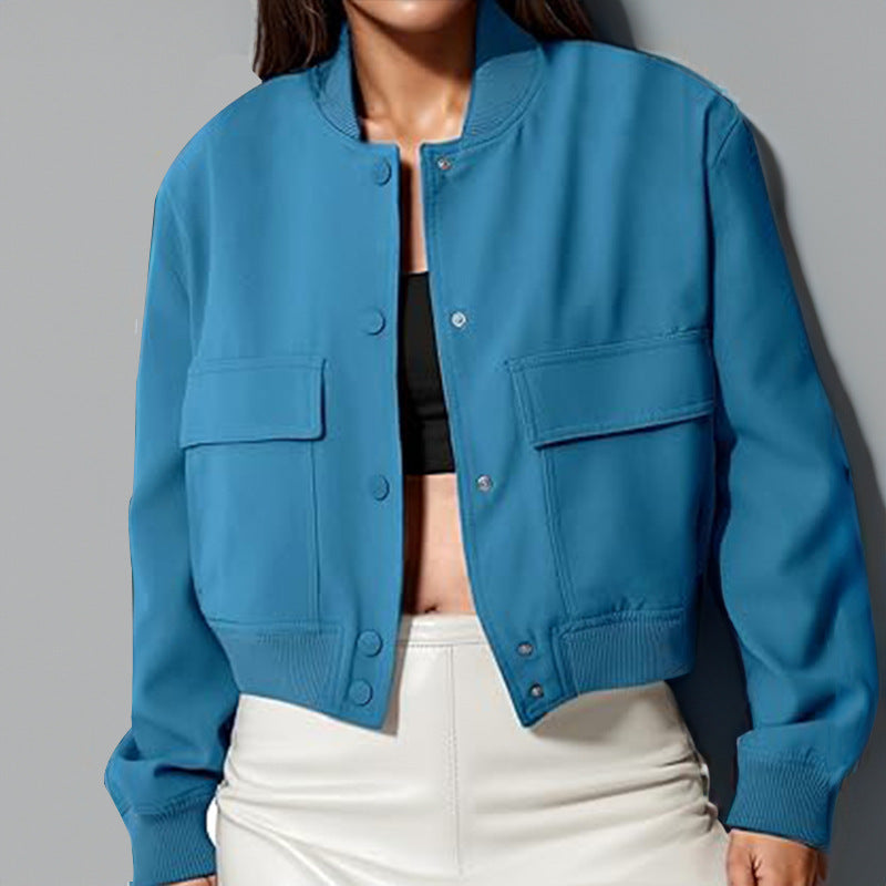 Fashion Button and Stand-collar Jacket With Big Pockets For Women
