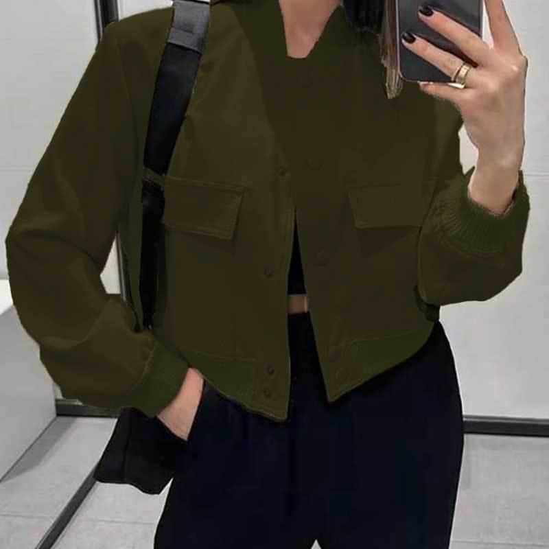 Fashion Button and Stand-collar Jacket With Big Pockets For Women