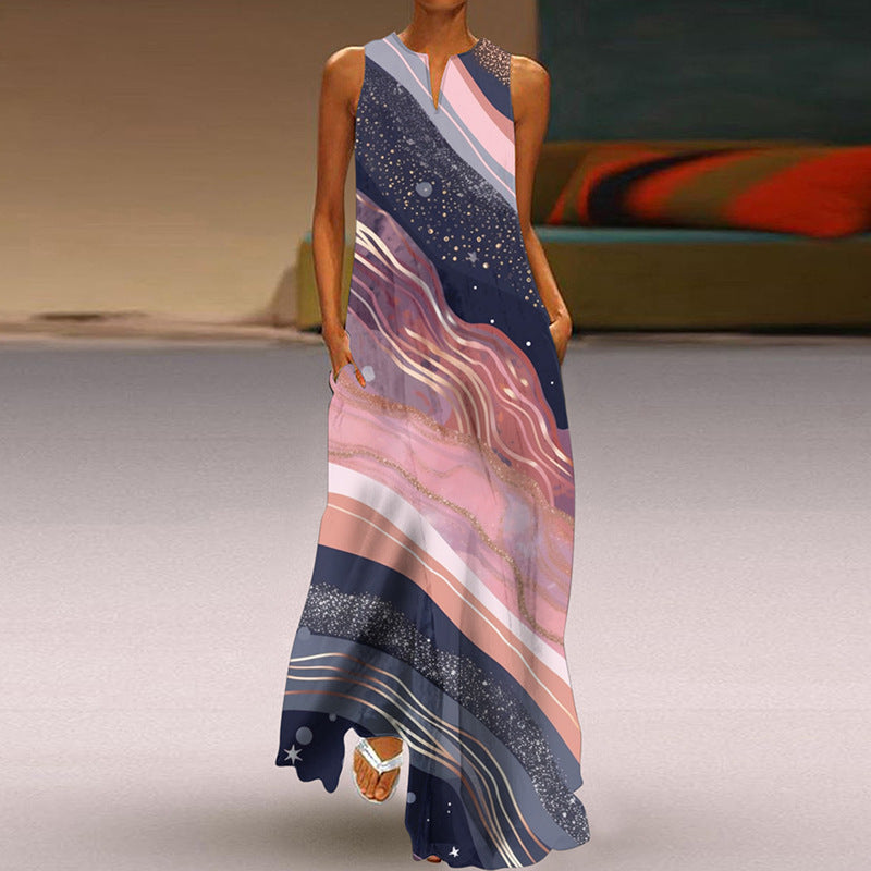 Wonderful Printed V-neck Long Dress With Pocket