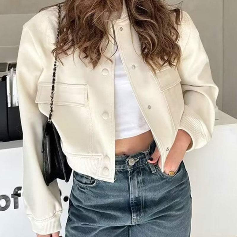 Fashion Button and Stand-collar Jacket With Big Pockets For Women