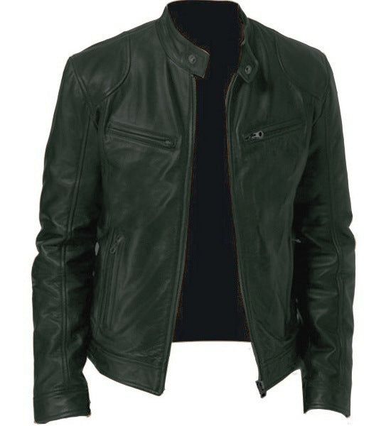 Zip Cardigan PU Leather Jacket With Stand Collar