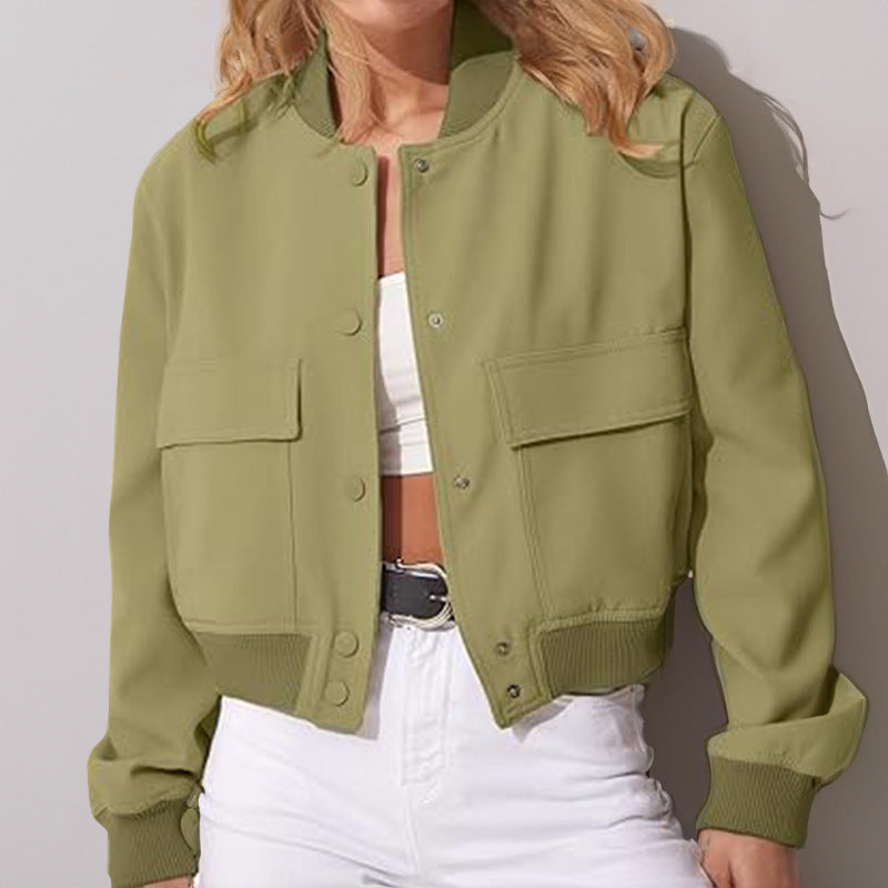 Fashion Button and Stand-collar Jacket With Big Pockets For Women