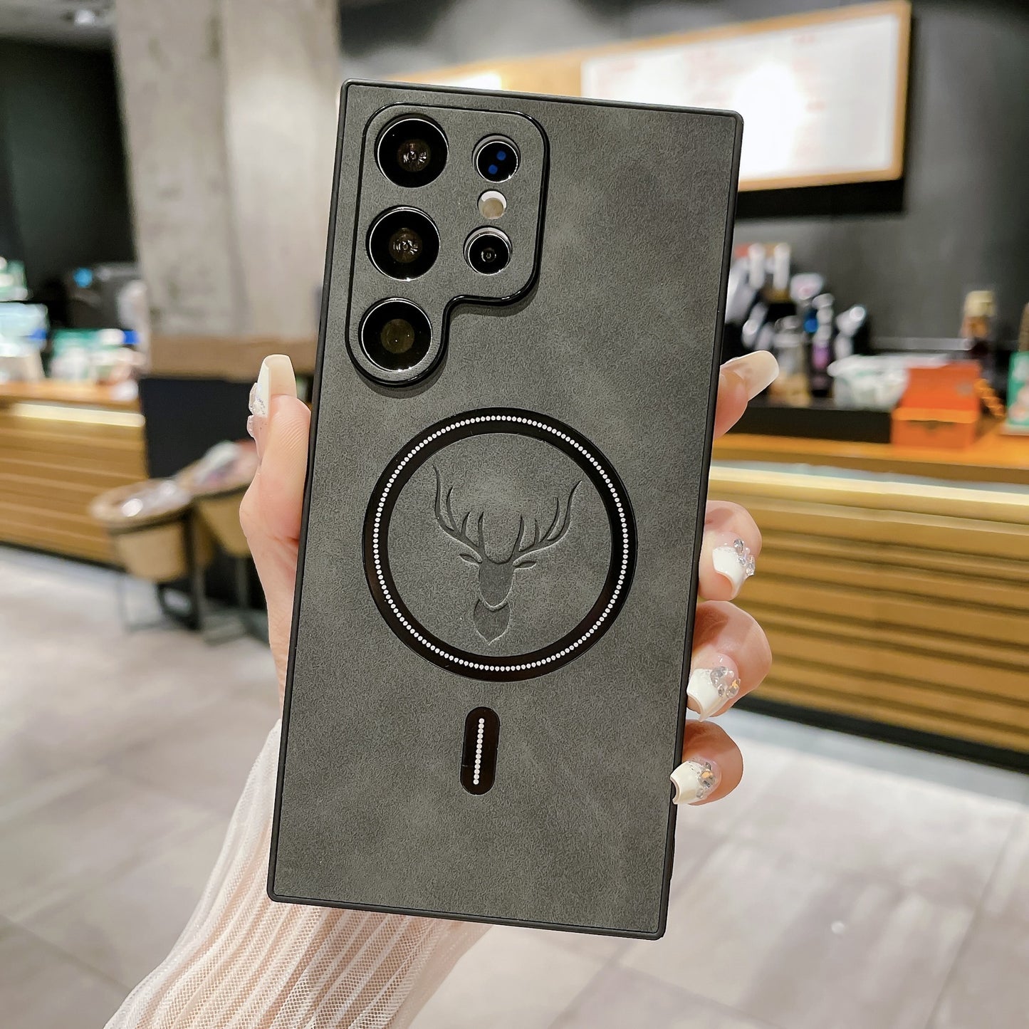 S23 Deer Head Magnetic For Wireless Charger In Leather Pattern Phone Case