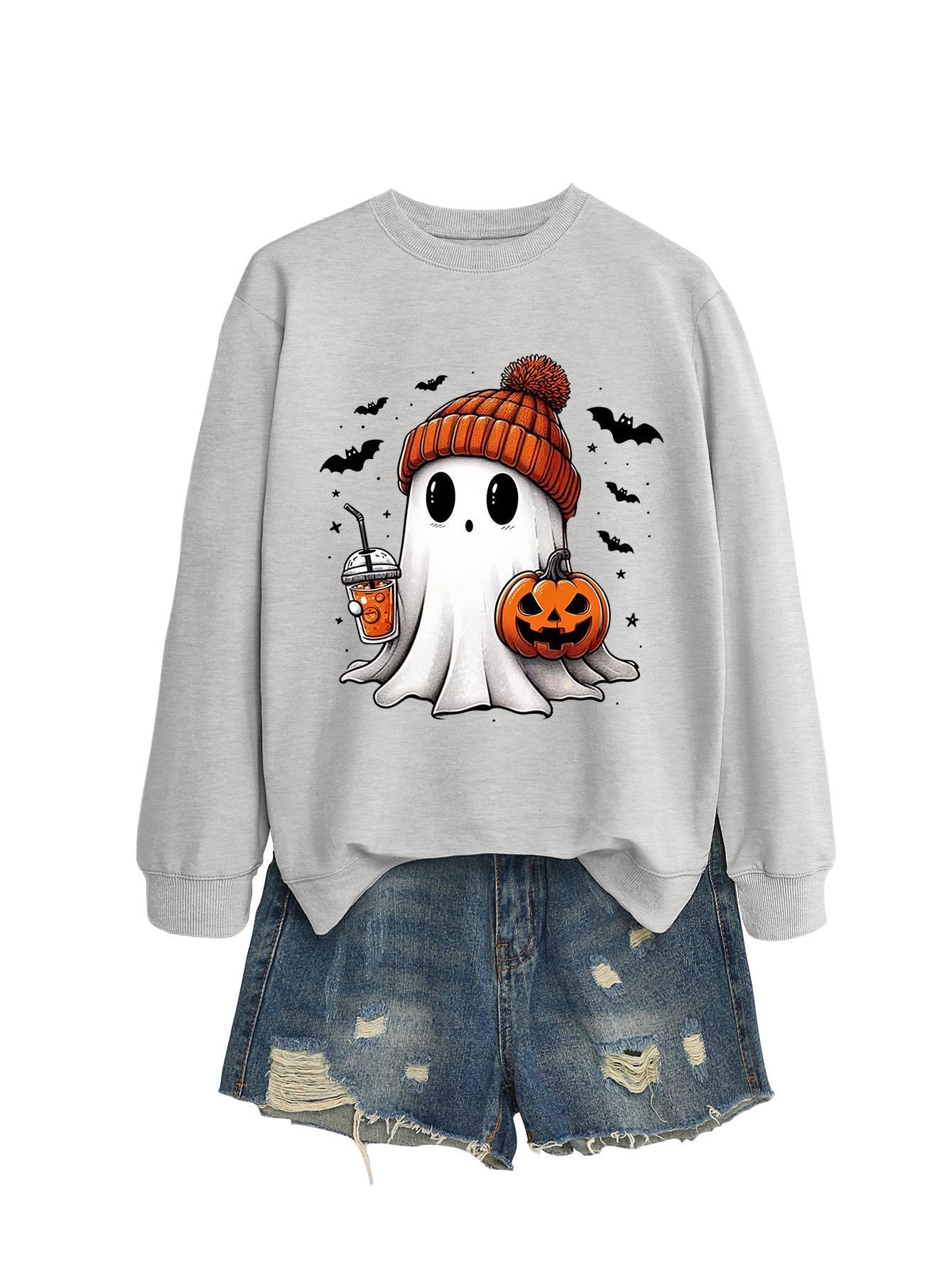 Cute Long Sleeve Pumpkin and Bat Printed Sweatshirt - A Trust Market