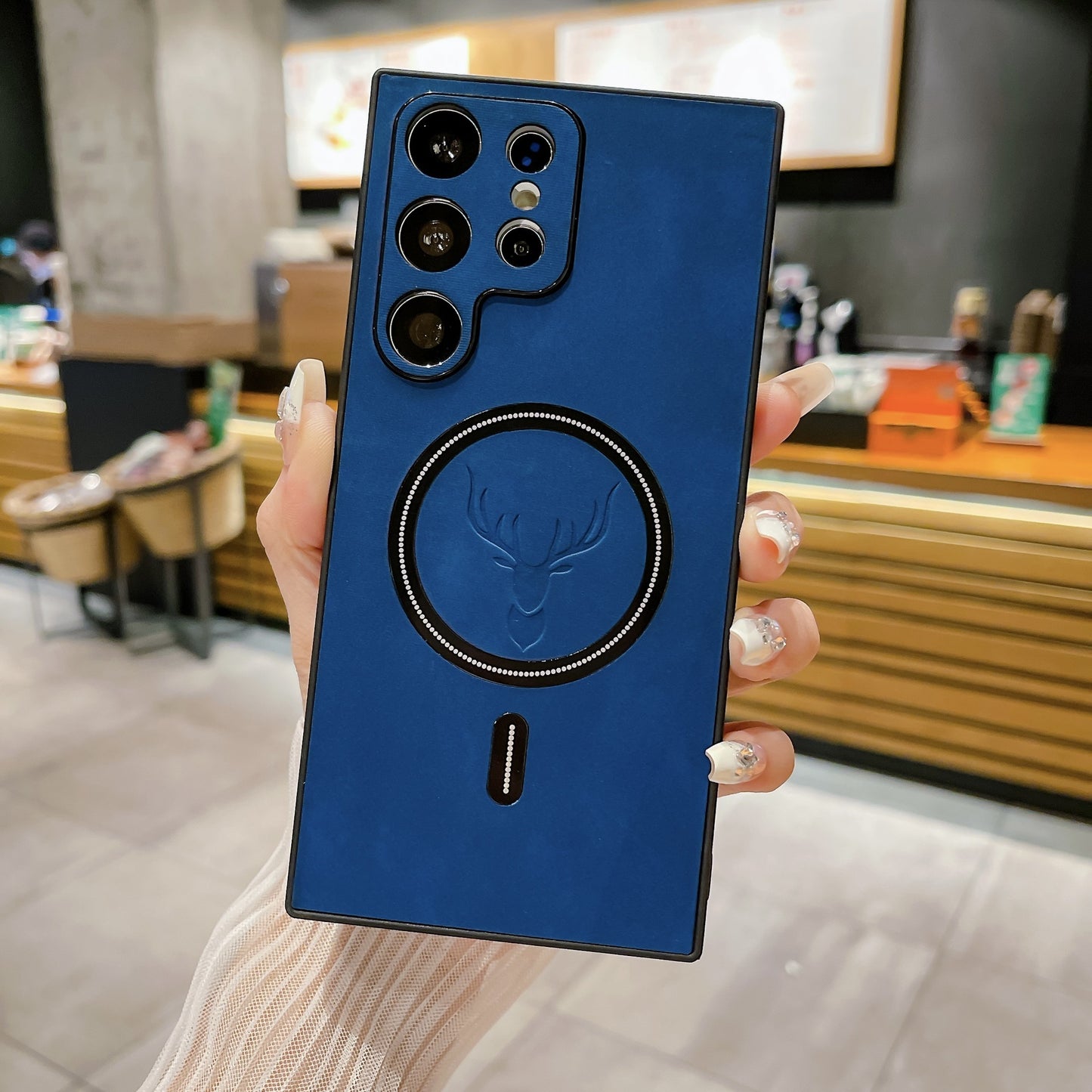 S23 Deer Head Magnetic For Wireless Charger In Leather Pattern Phone Case