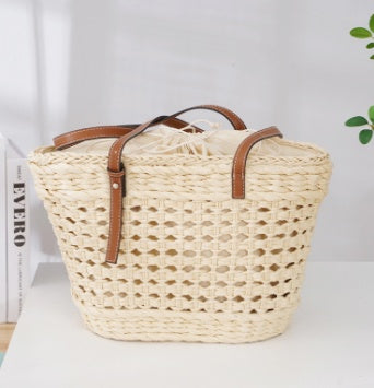 Large Capacity Fashion Urban Simple White Khaki Straw Braided Bag - A Trust Market
