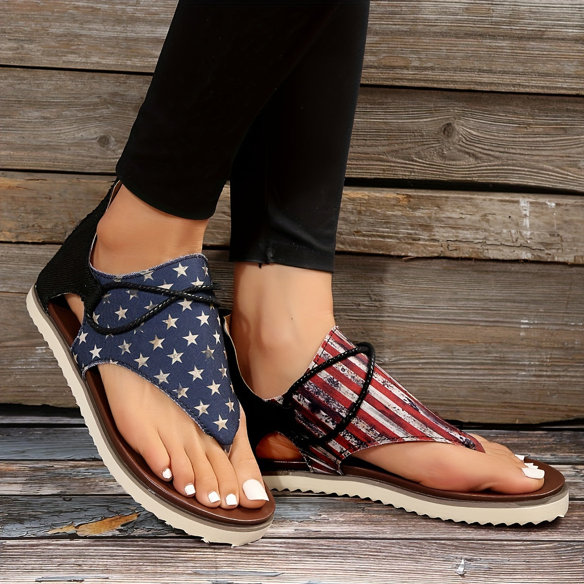 Wonderful Striped Gladiator Sandals with Zip Closure. Split Toe Design.