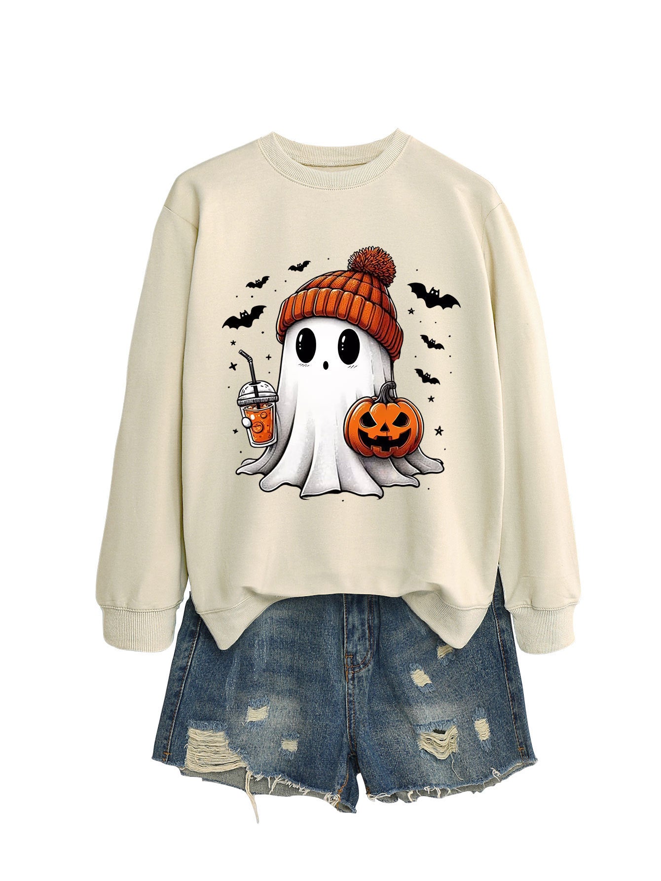 Cute Long Sleeve Pumpkin and Bat Printed Sweatshirt - A Trust Market