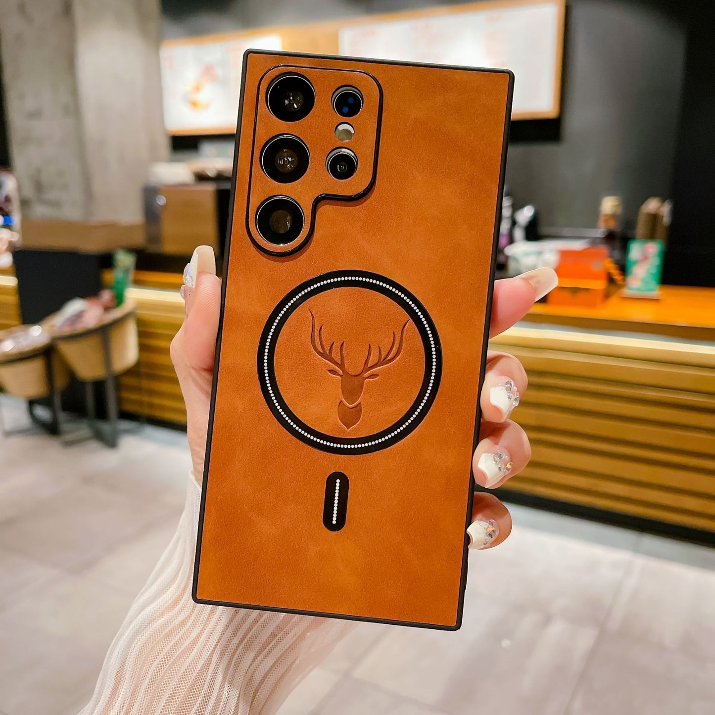 S23 Deer Head Magnetic For Wireless Charger In Leather Pattern Phone Case