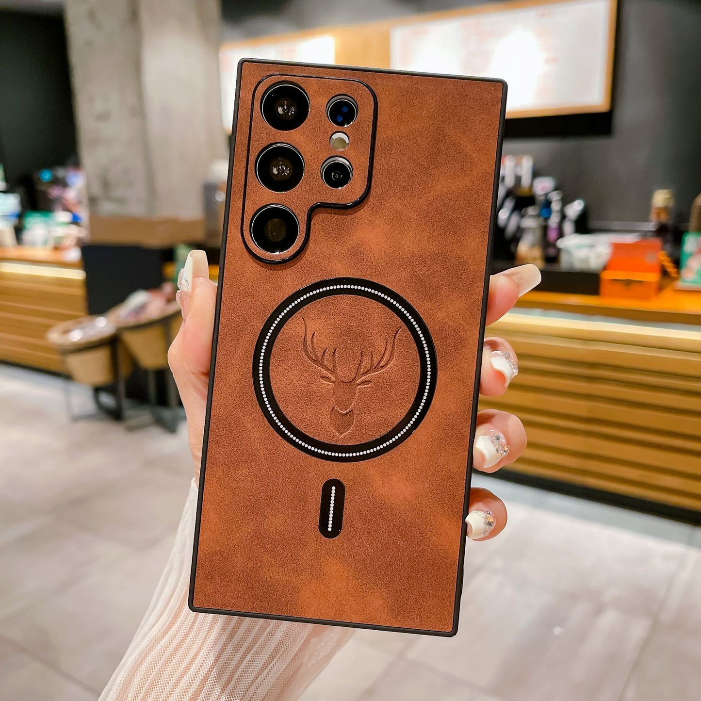 S23 Deer Head Magnetic For Wireless Charger In Leather Pattern Phone Case