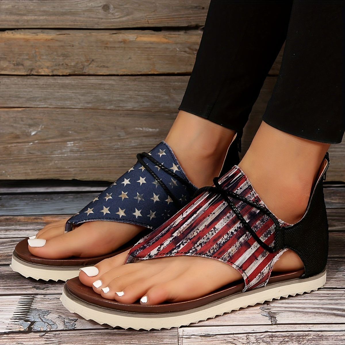 Wonderful Striped Gladiator Sandals with Zip Closure. Split Toe Design.