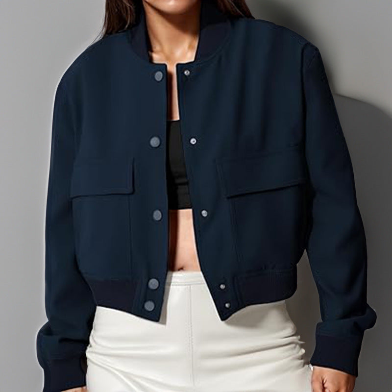 Fashion Button and Stand-collar Jacket With Big Pockets For Women