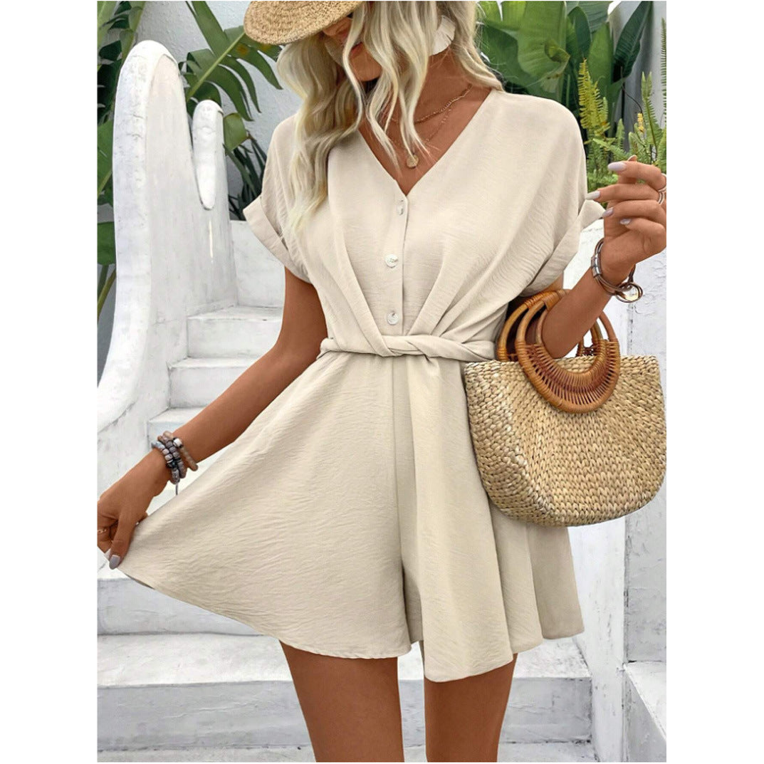 Elegant Batwing Sleeve Kinked One-piece Shorts