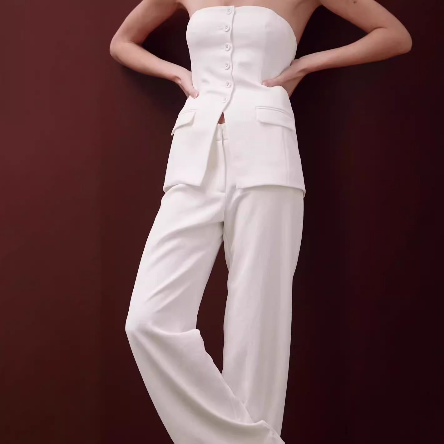 Graceful Tube Top Suit Fashion With Straight Pants For Women