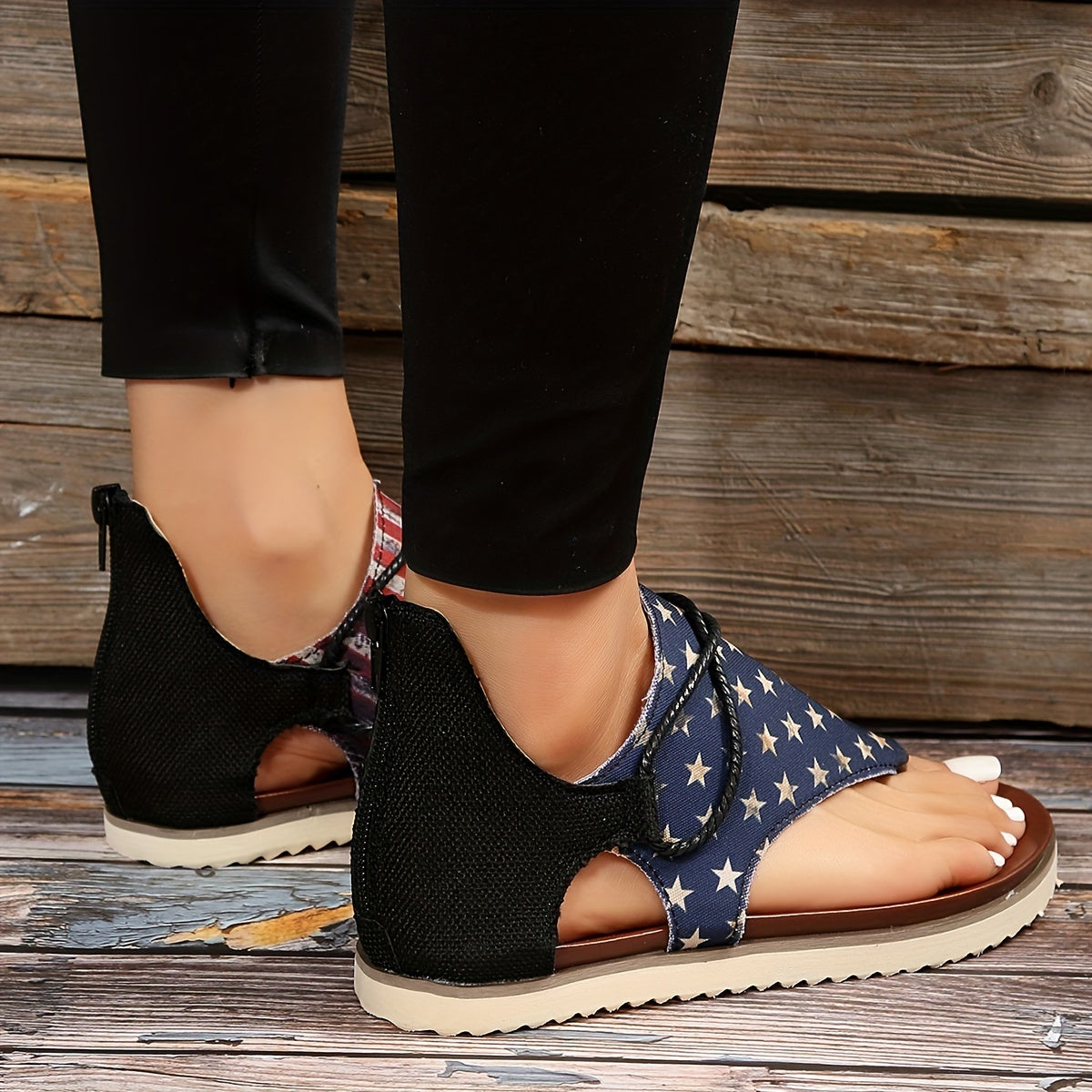 Wonderful Striped Gladiator Sandals with Zip Closure. Split Toe Design.