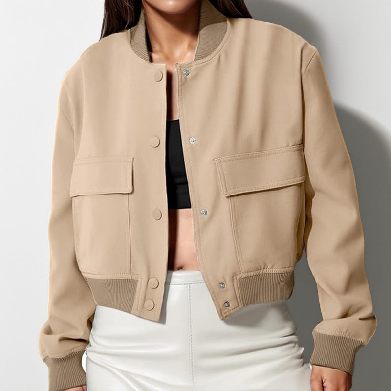 Fashion Button and Stand-collar Jacket With Big Pockets For Women