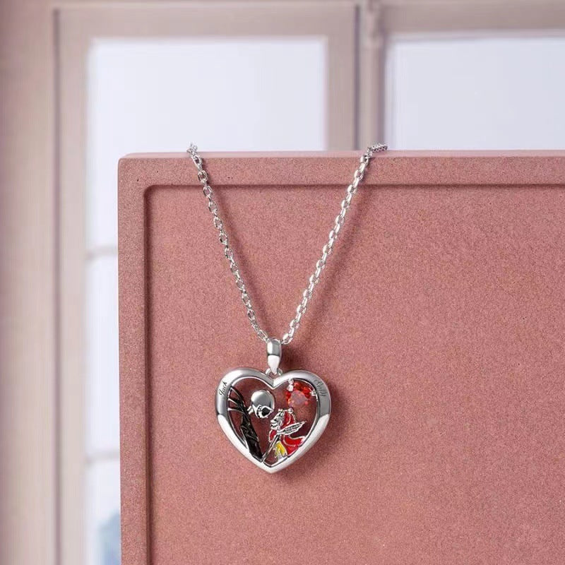 Fantastic Heart-shaped Skull Necklace With Rhinestones