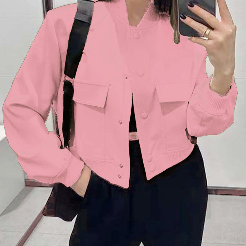 Fashion Button and Stand-collar Jacket With Big Pockets For Women