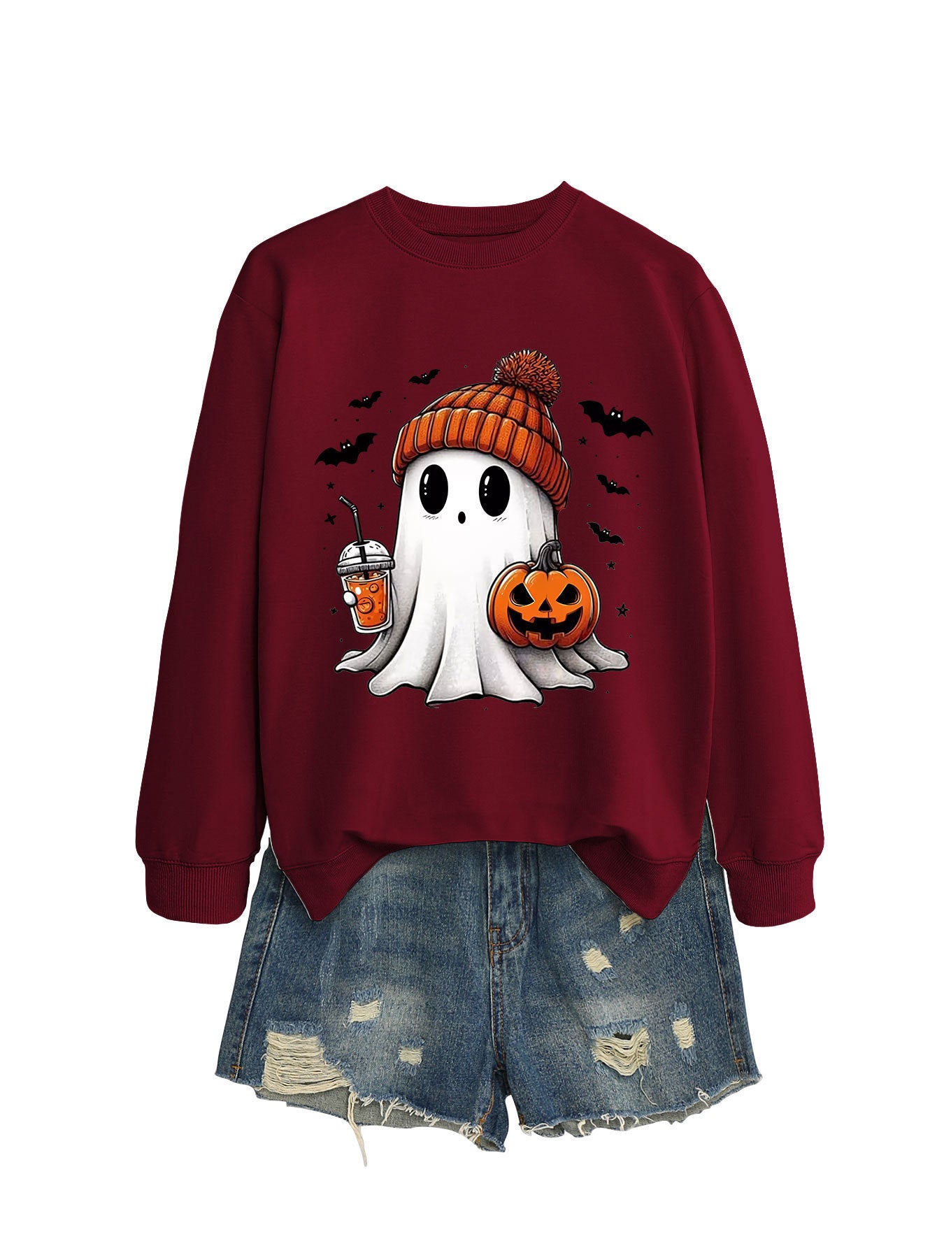 Cute Long Sleeve Pumpkin and Bat Printed Sweatshirt - A Trust Market