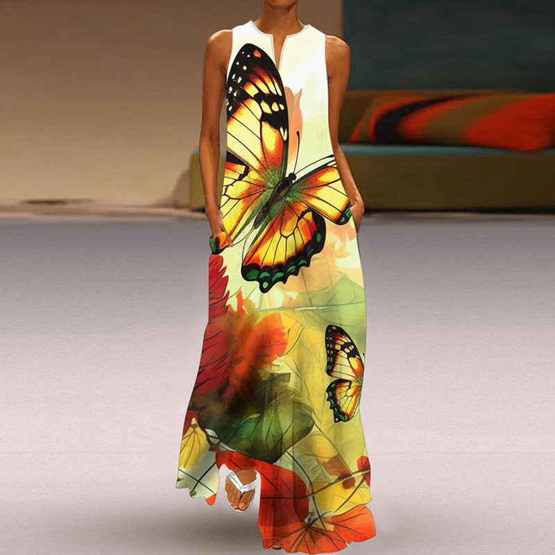 Wonderful Printed V-neck Long Dress With Pocket