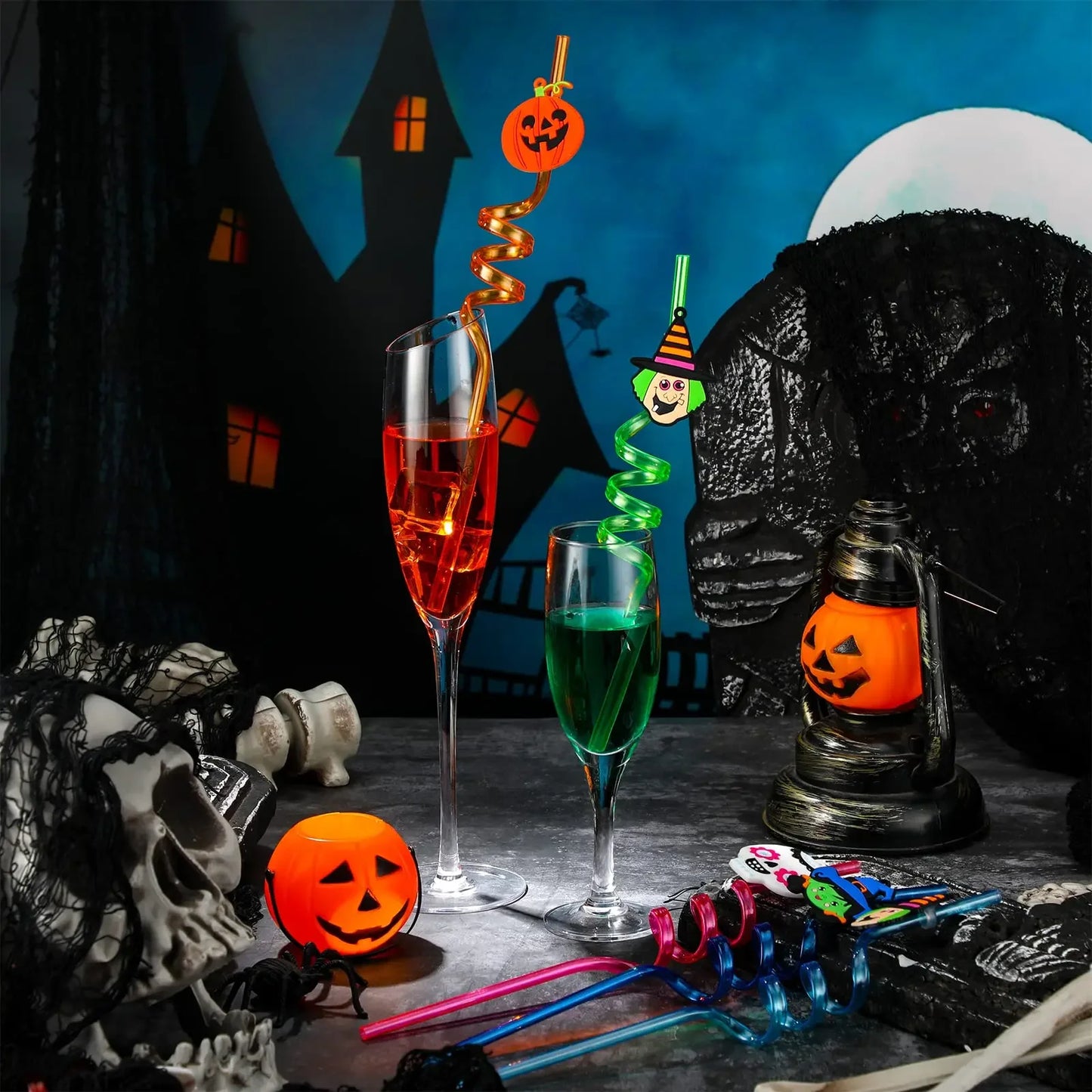 Halloween Crazy Drinking Straws Bat Pumpkin Skull Ghost Vampire Witch Spider - A Trust Market