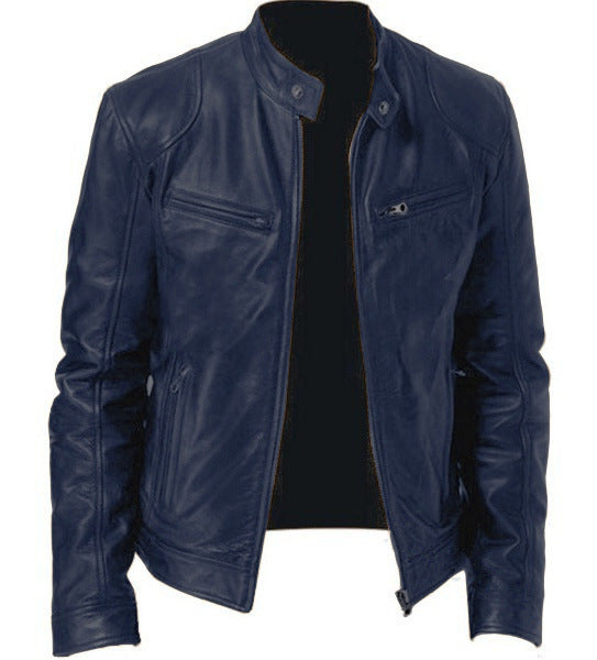 Zip Cardigan PU Leather Jacket With Stand Collar