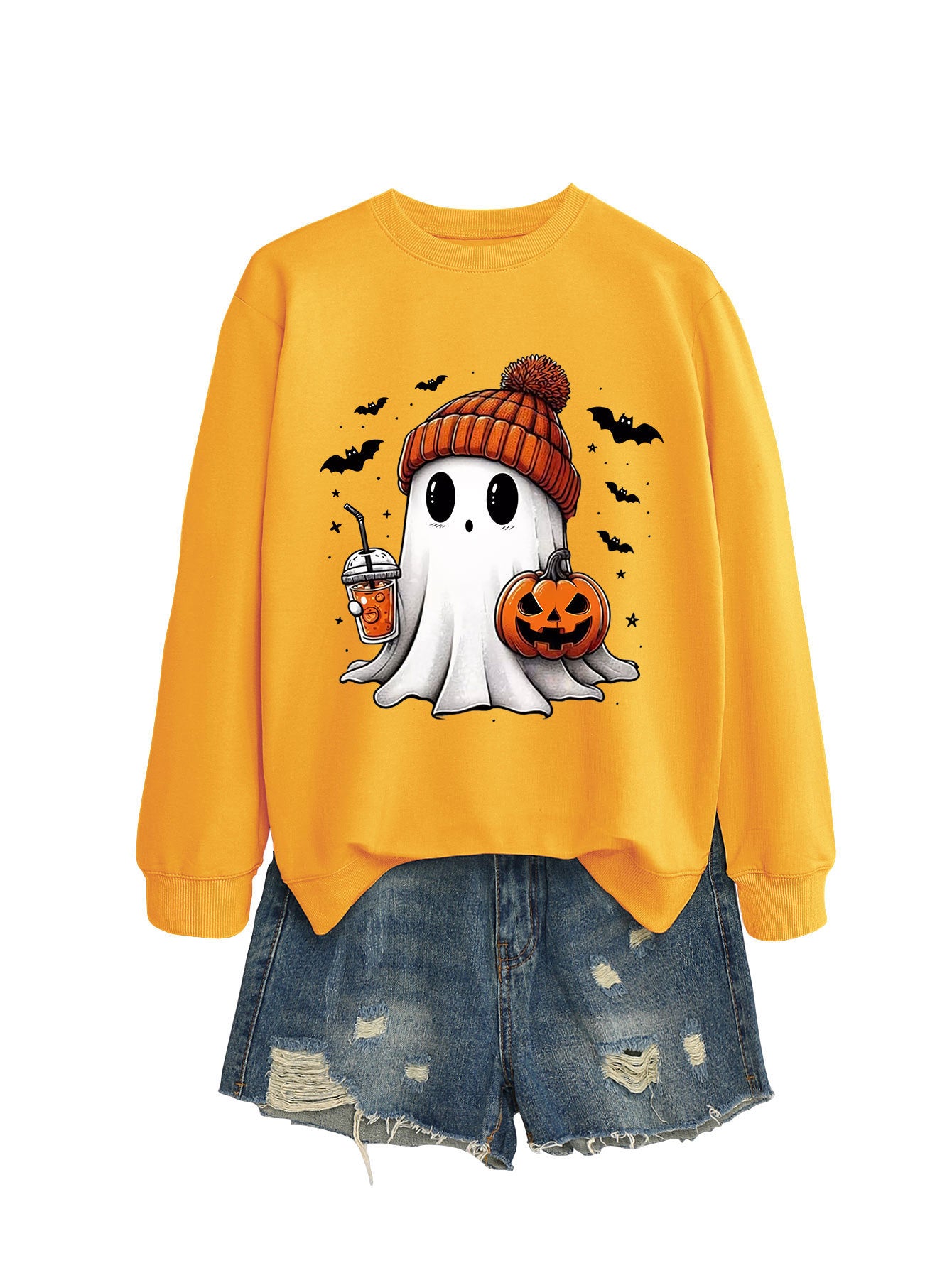 Cute Long Sleeve Pumpkin and Bat Printed Sweatshirt - A Trust Market
