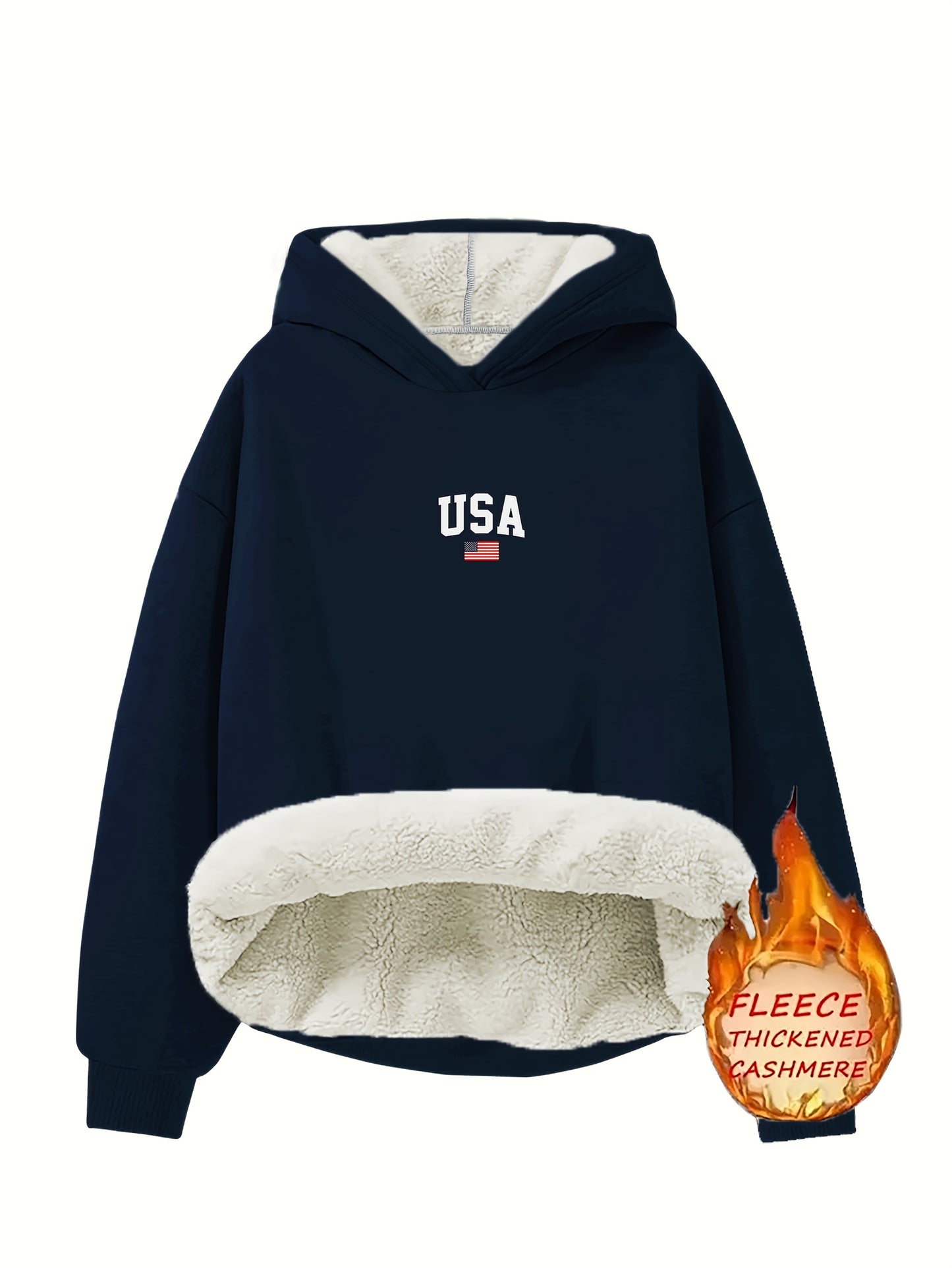 Wonderful USA Flag Print Hoodie For Women. Casual Pullover with Fleece-Lined Collar.
