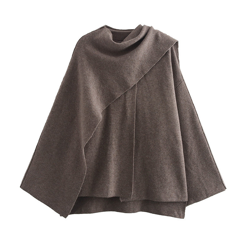 Solid Knitted Cardigan With Asymmetrical Scarf Design