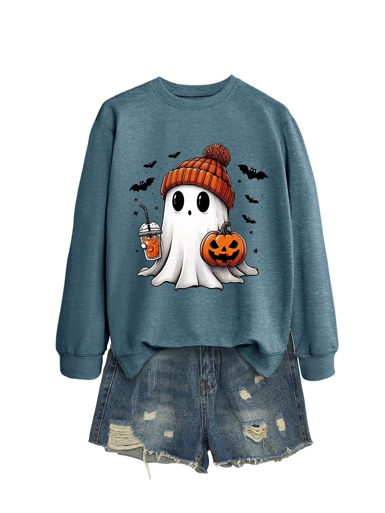 Cute Long Sleeve Pumpkin and Bat Printed Sweatshirt - A Trust Market