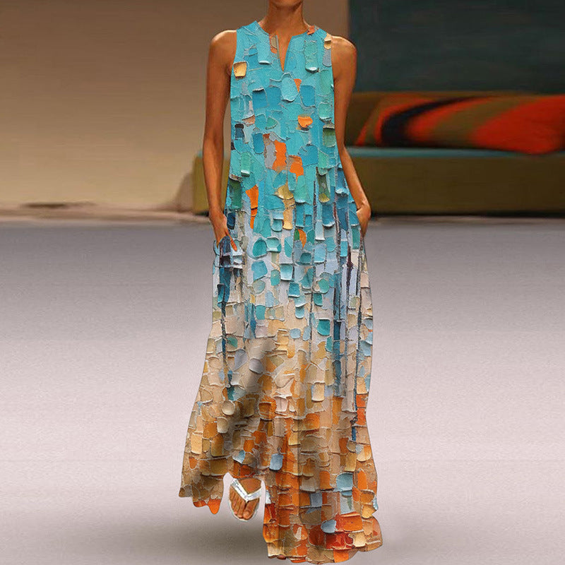 Wonderful Printed V-neck Long Dress With Pocket