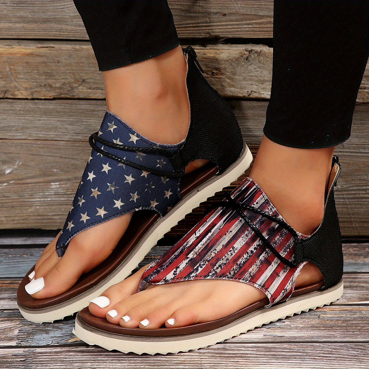 Wonderful Striped Gladiator Sandals with Zip Closure. Split Toe Design.
