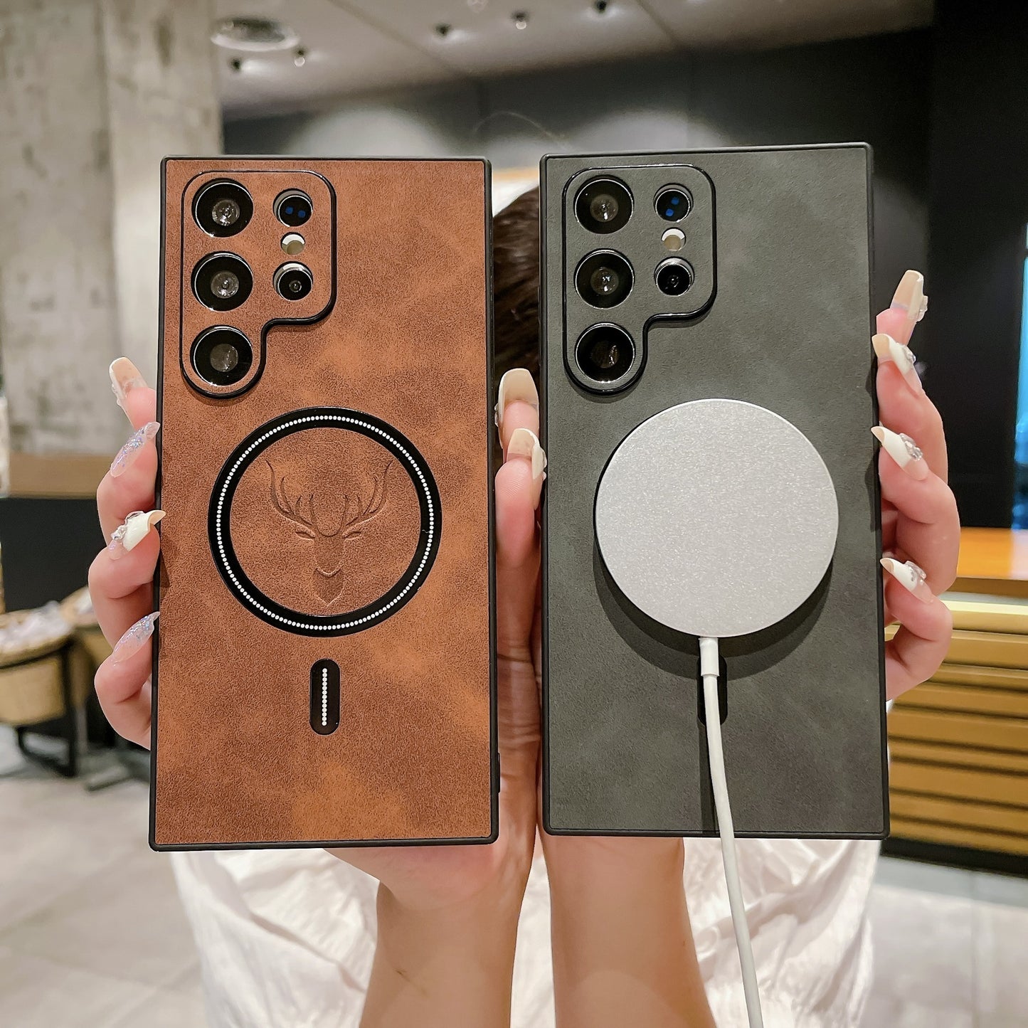 S23 Deer Head Magnetic For Wireless Charger In Leather Pattern Phone Case