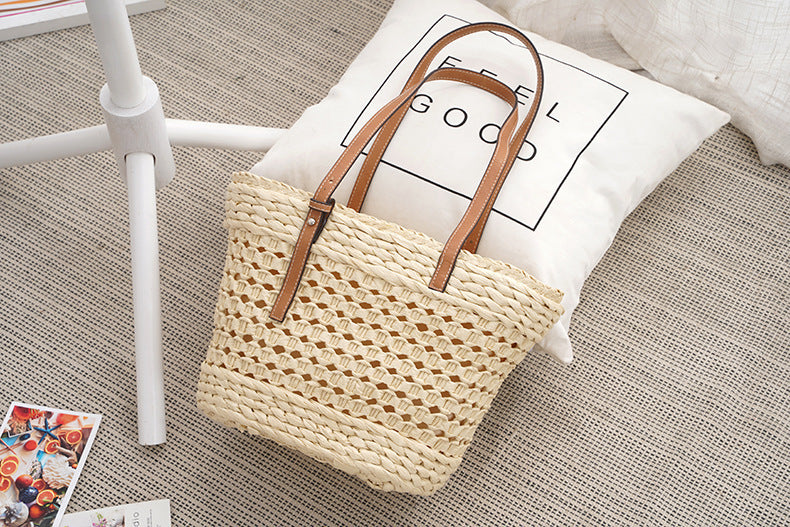 Large Capacity Fashion Urban Simple White Khaki Straw Braided Bag - A Trust Market