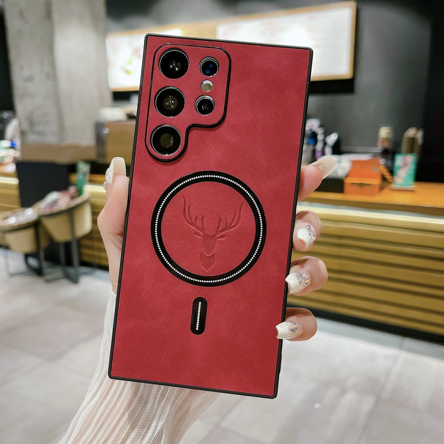 S23 Deer Head Magnetic For Wireless Charger In Leather Pattern Phone Case