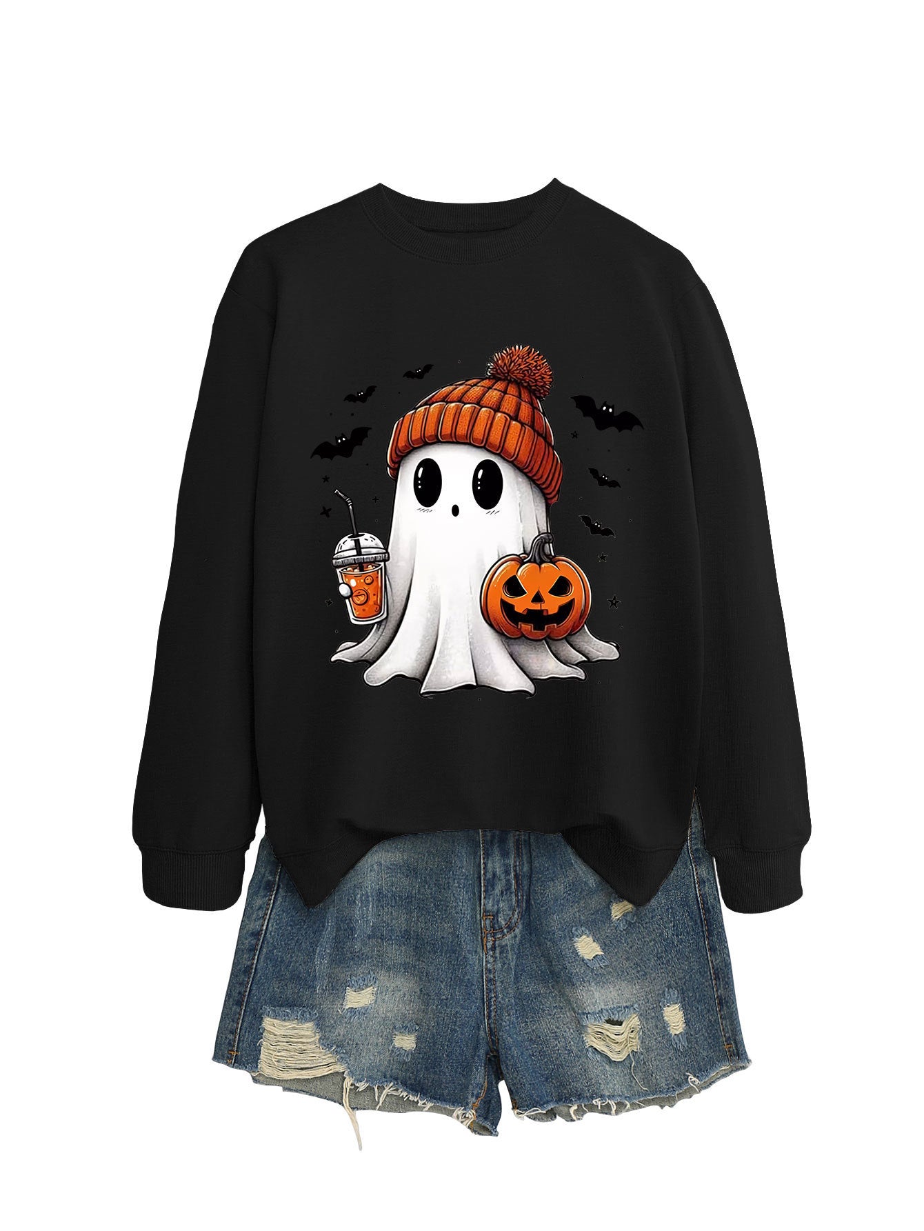 Cute Long Sleeve Pumpkin and Bat Printed Sweatshirt - A Trust Market