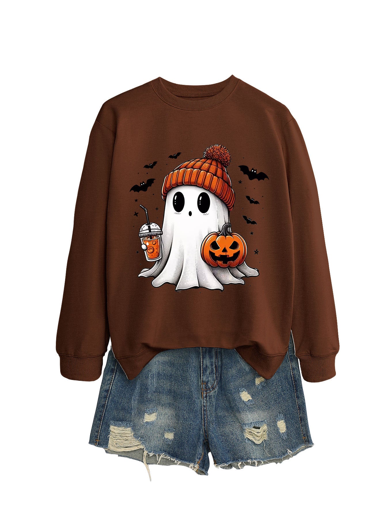 Cute Long Sleeve Pumpkin and Bat Printed Sweatshirt - A Trust Market