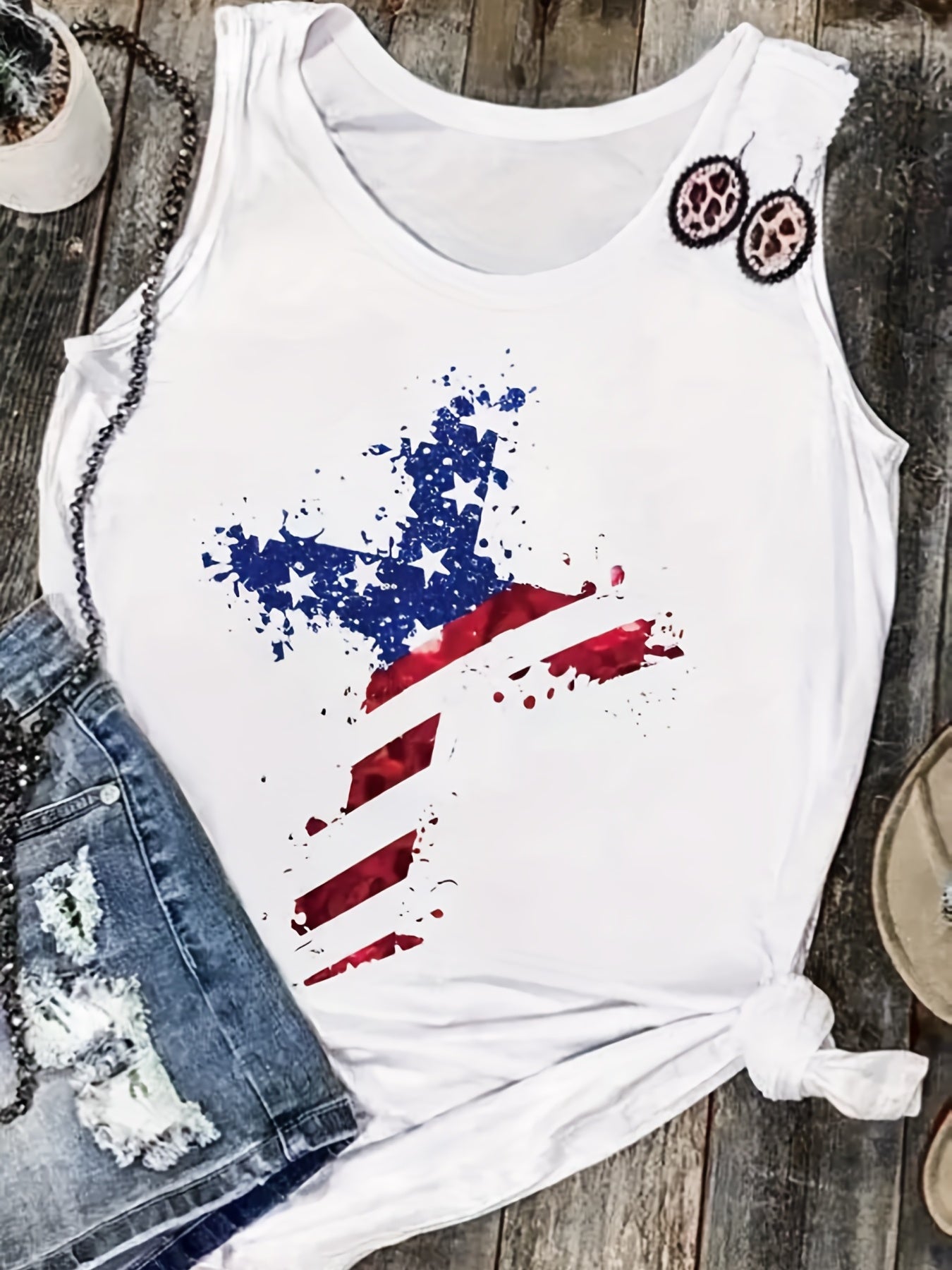 Fantastic Sleeveless Star & Stripe Print Crew T-Shirt