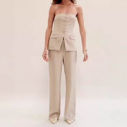 Graceful Tube Top Suit Fashion With Straight Pants For Women