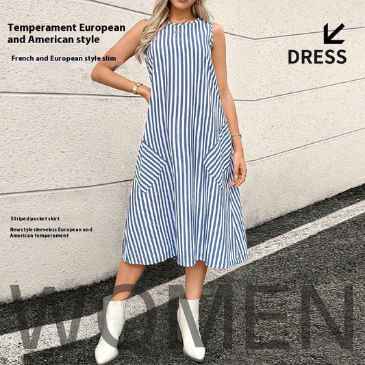 Wonderful Round Neck Striped Dress With Pocket For Women