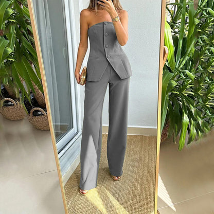 Graceful Tube Top Suit Fashion With Straight Pants For Women