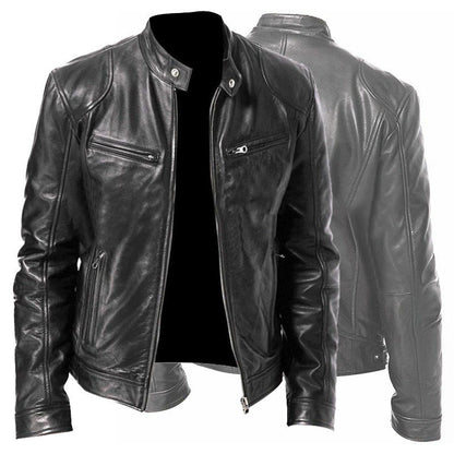Zip Cardigan PU Leather Jacket With Stand Collar