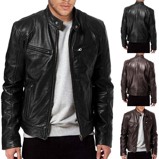 Zip Cardigan PU Leather Jacket With Stand Collar